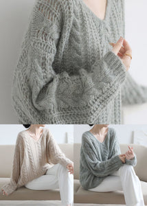 Style Apricot V Neck Chunky Oversized Ma Hai mao Knitted Tops Spring