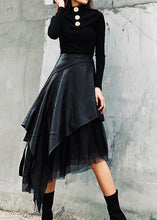 Load image into Gallery viewer, Style Black Asymmetrical Faux Leather Patchwork Tulle Skirt Spring