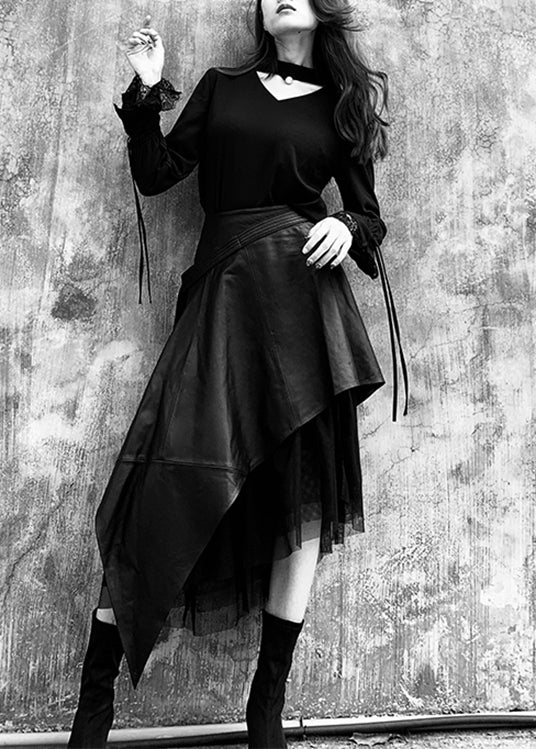 Style Black Asymmetrical Faux Leather Patchwork Tulle Skirt Spring