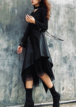 Load image into Gallery viewer, Style Black Asymmetrical Faux Leather Patchwork Tulle Skirt Spring