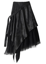 Load image into Gallery viewer, Style Black Asymmetrical Faux Leather Patchwork Tulle Skirt Spring