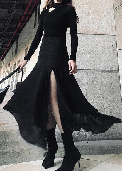Style Black High Waist side open Summer Skirt