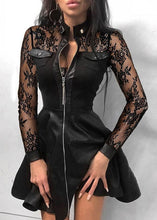 Load image into Gallery viewer, Style Black Lace Zip Up Patchwork Faux Leather Mid Dress Long Sleeve