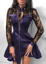 Load image into Gallery viewer, Style Black Lace Zip Up Patchwork Faux Leather Mid Dress Long Sleeve