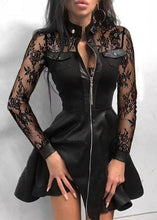Load image into Gallery viewer, Style Black Lace Zip Up Patchwork Faux Leather Mid Dress Long Sleeve