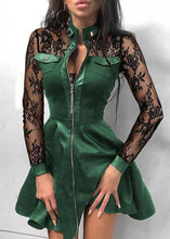 Load image into Gallery viewer, Style Black Lace Zip Up Patchwork Faux Leather Mid Dress Long Sleeve
