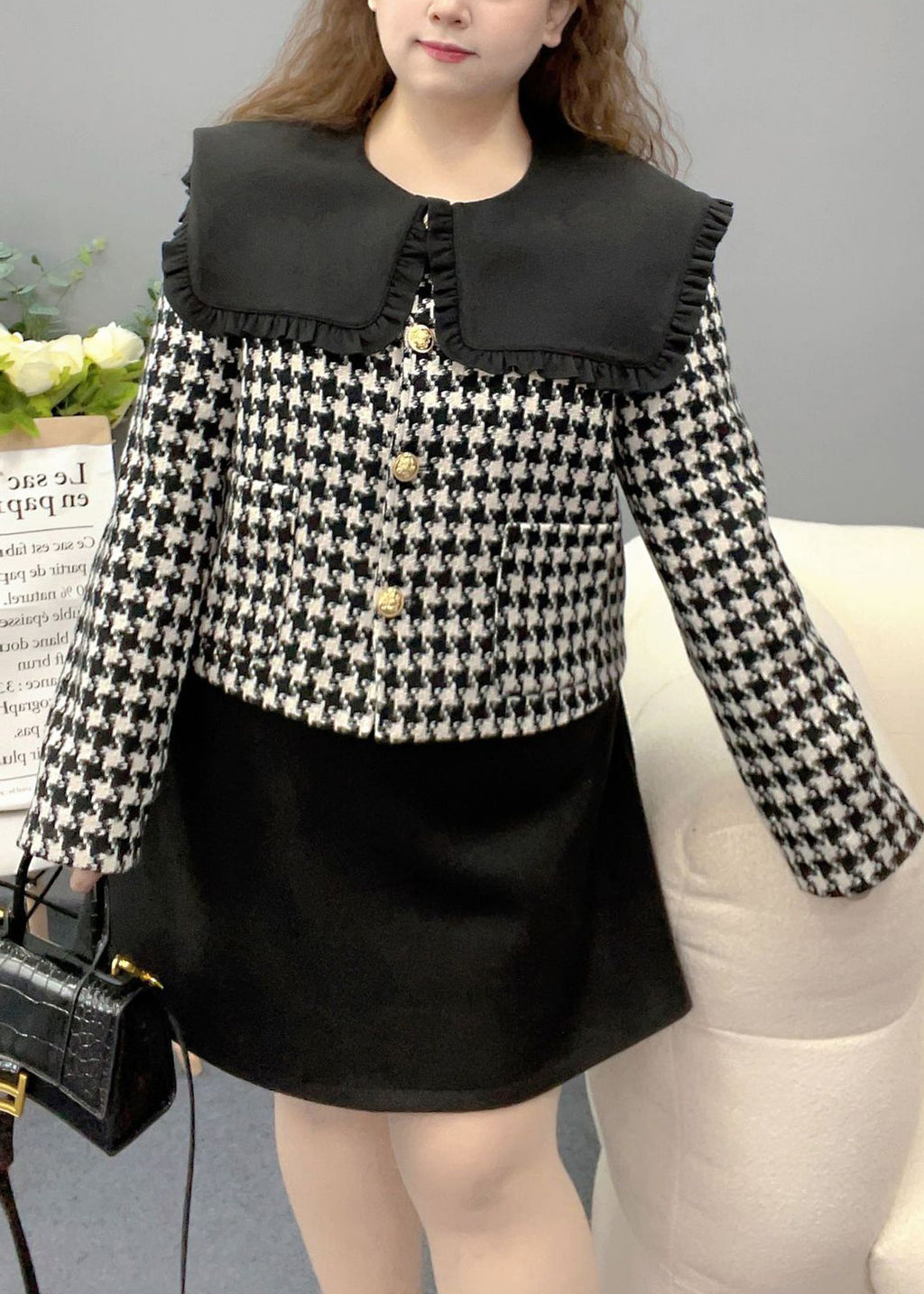 Style Black Peter Pan Collar Plaid Two Pieces Set Fall