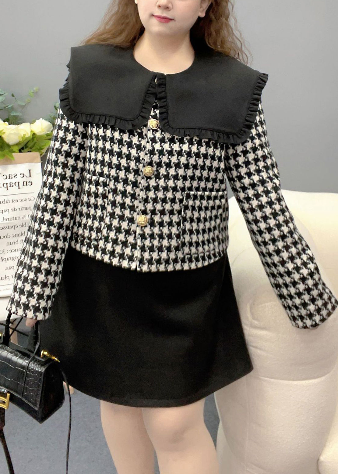 Style Black Peter Pan Collar Plaid Two Pieces Set Fall