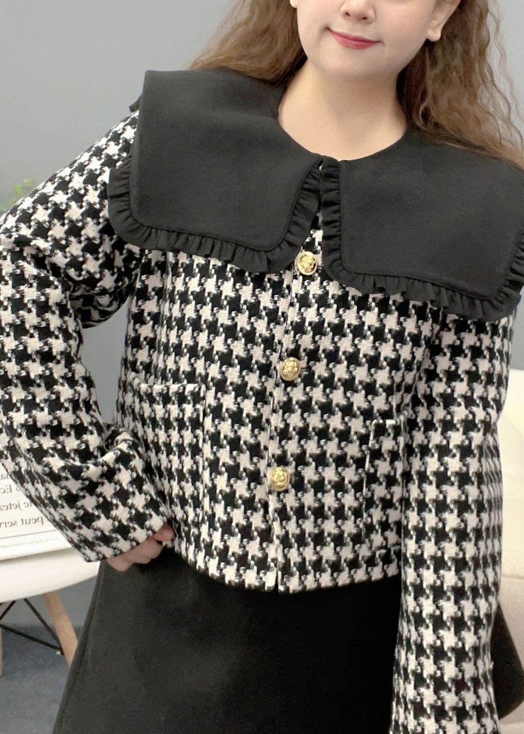 Style Black Peter Pan Collar Plaid Two Pieces Set Fall