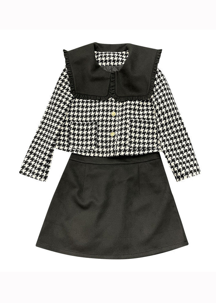 Style Black Peter Pan Collar Plaid Two Pieces Set Fall