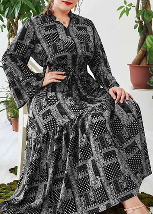 Style Black Print V Neck Elastic Waist Maxi Dress Long Sleeve