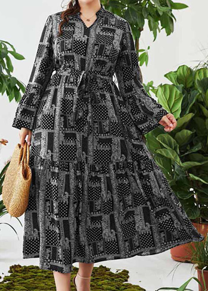 Style Black Print V Neck Elastic Waist Maxi Dress Long Sleeve
