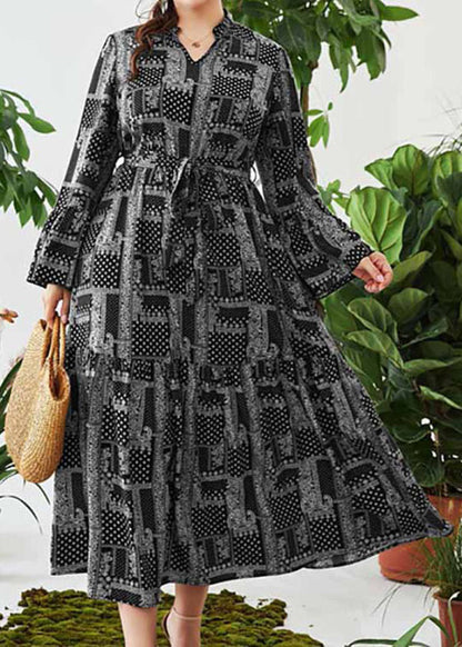 Style Black Print V Neck Elastic Waist Maxi Dress Long Sleeve