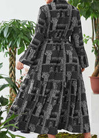 Style Black Print V Neck Elastic Waist Maxi Dress Long Sleeve