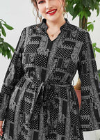 Style Black Print V Neck Elastic Waist Maxi Dress Long Sleeve