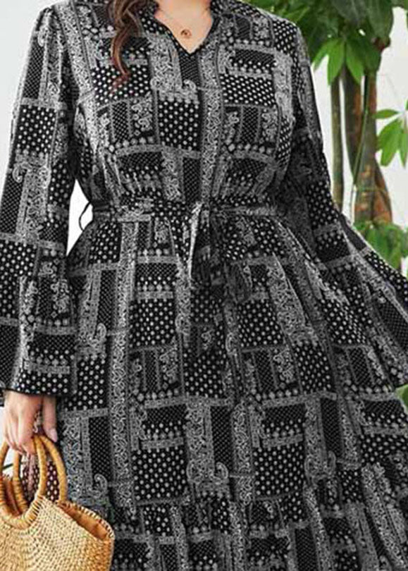Style Black Print V Neck Elastic Waist Maxi Dress Long Sleeve