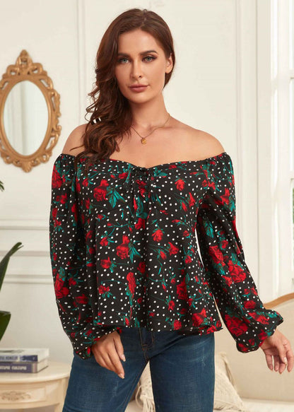 Style Black Square Collar Print Patchwork Chiffon Tops Long Sleeve