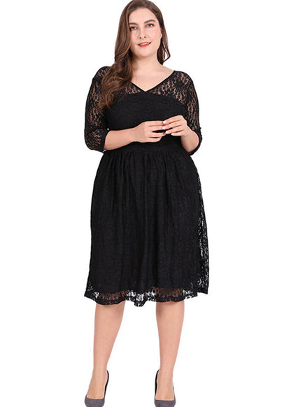 Style Black V Neck Solid Lace Mid Dresses Summer