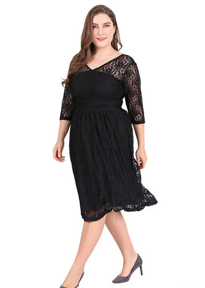 Style Black V Neck Solid Lace Mid Dresses Summer