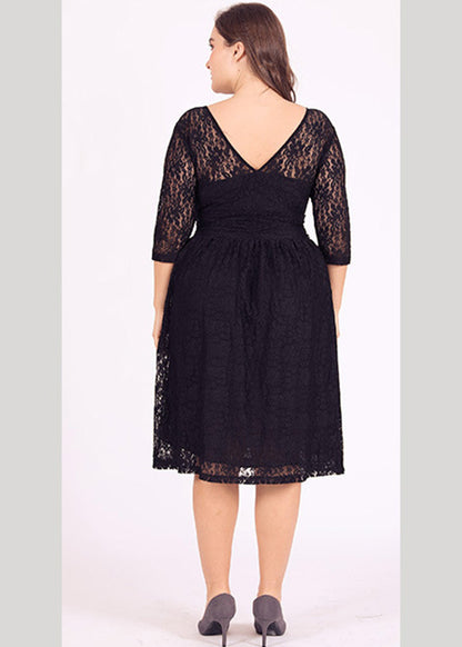 Style Black V Neck Solid Lace Mid Dresses Summer