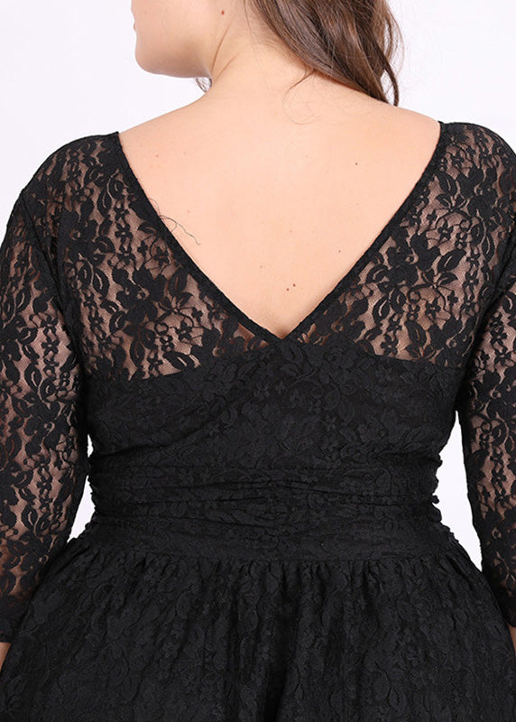 Style Black V Neck Solid Lace Mid Dresses Summer