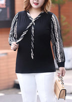 Style Black V Neck Striped Patchwork Shirt Fall
