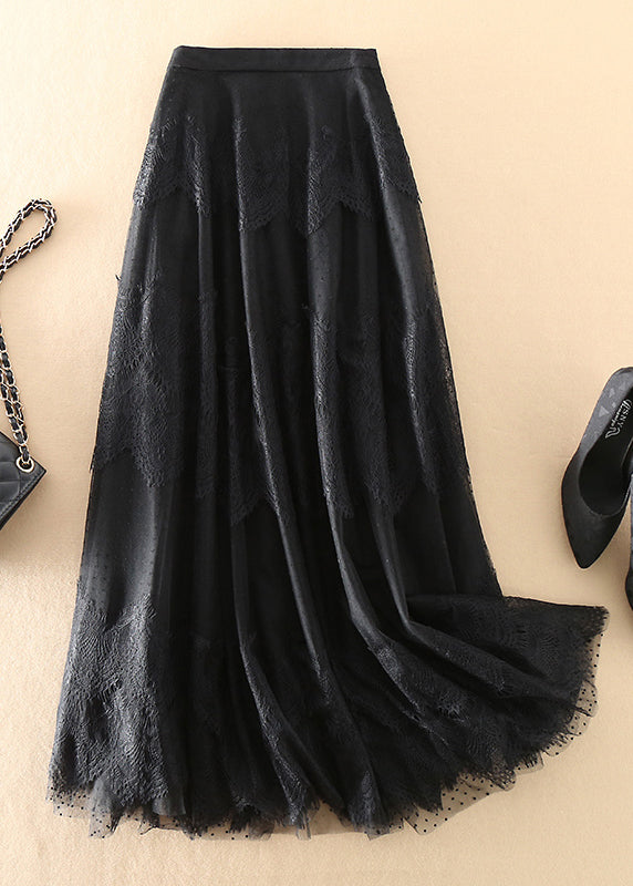 Style Black high waist Patchwork Lace Skirts Spring