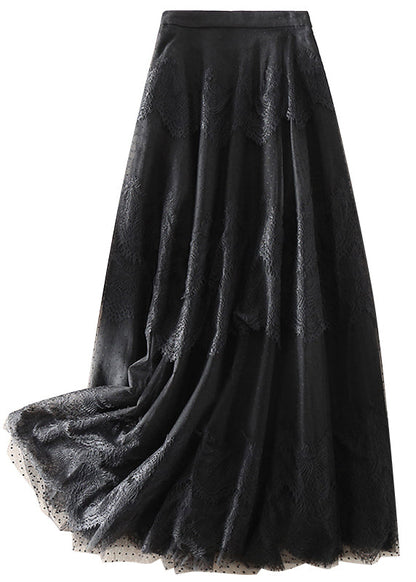 Style Black high waist Patchwork Lace Skirts Spring