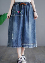 Load image into Gallery viewer, Style Blue Embroideried Pockets Elastic Waist Patchwork Cotton Skirt Summer