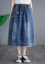 Load image into Gallery viewer, Style Blue Embroideried Pockets Elastic Waist Patchwork Cotton Skirt Summer