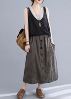 Style Brown StripedButton CottonLinen Skirts Summer