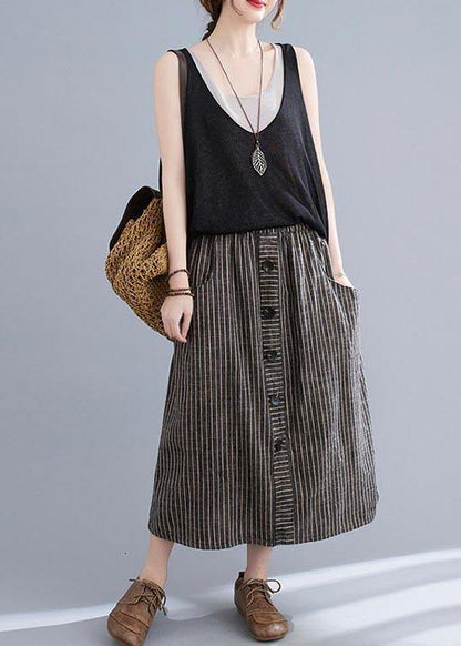 Style Brown StripedButton CottonLinen Skirts Summer