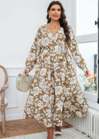 Style Brown V Neck Print Tie Waist Chiffon Maxi Dresses Fall