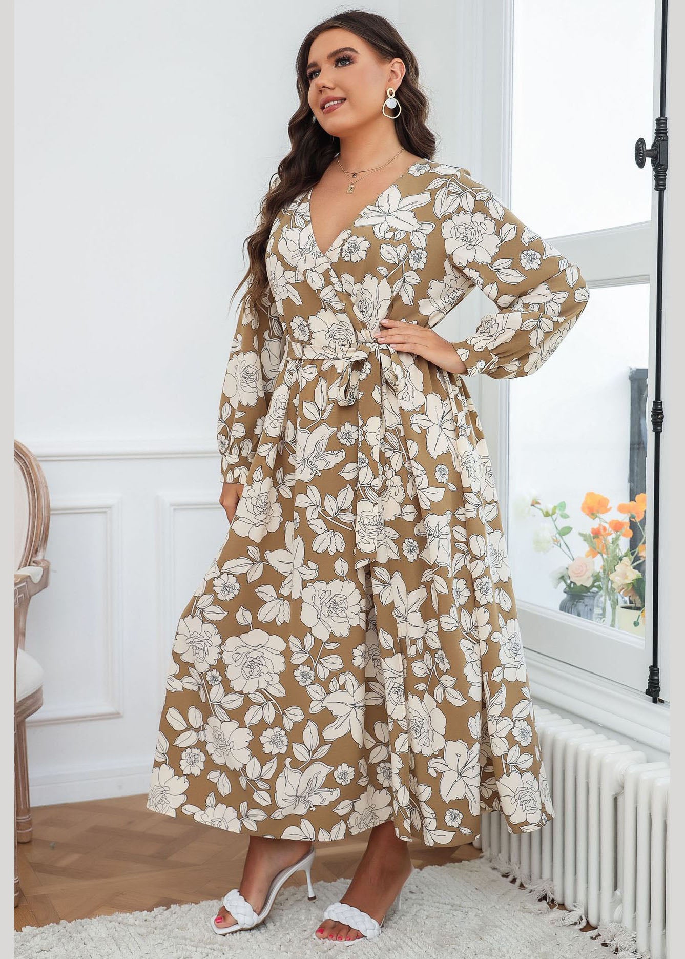 Style Brown V Neck Print Tie Waist Chiffon Maxi Dresses Fall