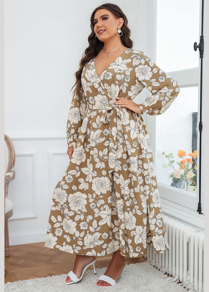 Style Brown V Neck Print Tie Waist Chiffon Maxi Dresses Fall