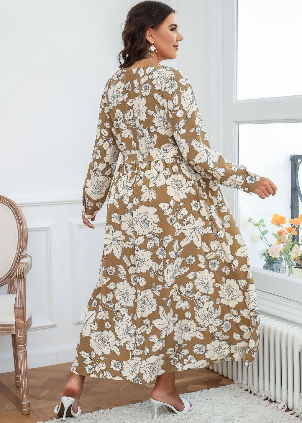 Style Brown V Neck Print Tie Waist Chiffon Maxi Dresses Fall