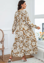 Style Brown V Neck Print Tie Waist Chiffon Maxi Dresses Fall