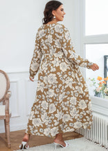 Load image into Gallery viewer, Style Brown V Neck Print Tie Waist Chiffon Maxi Dresses Fall