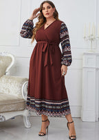 Style Brown V Neck Print Tie Waist Patchwork Chiffon Dress Fall