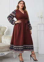 Style Brown V Neck Print Tie Waist Patchwork Chiffon Dress Fall