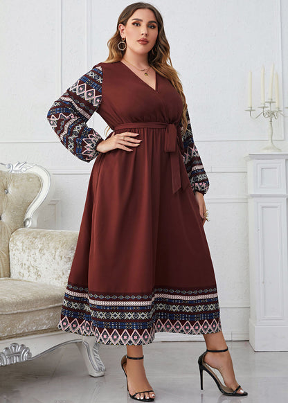 Style Brown V Neck Print Tie Waist Patchwork Chiffon Dress Fall