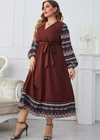 Style Brown V Neck Print Tie Waist Patchwork Chiffon Dress Fall