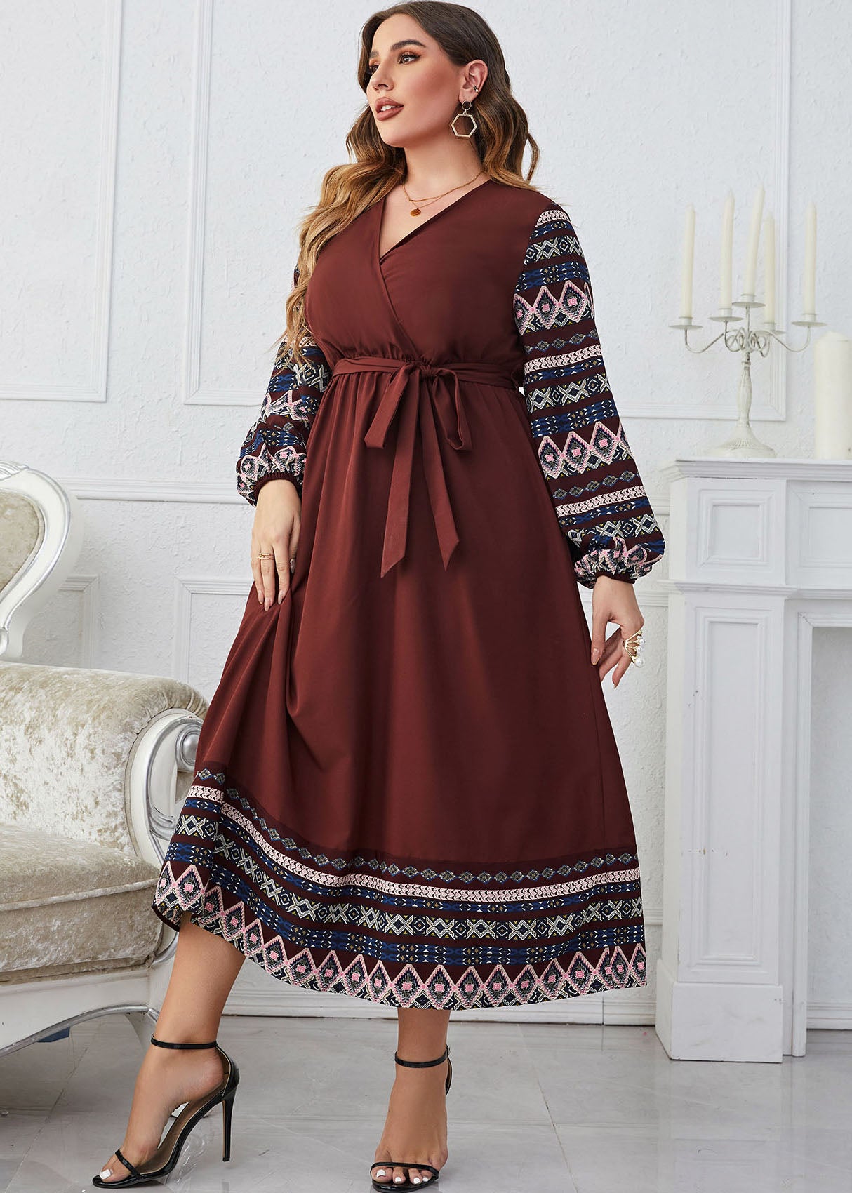 Style Brown V Neck Print Tie Waist Patchwork Chiffon Dress Fall