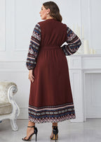 Style Brown V Neck Print Tie Waist Patchwork Chiffon Dress Fall