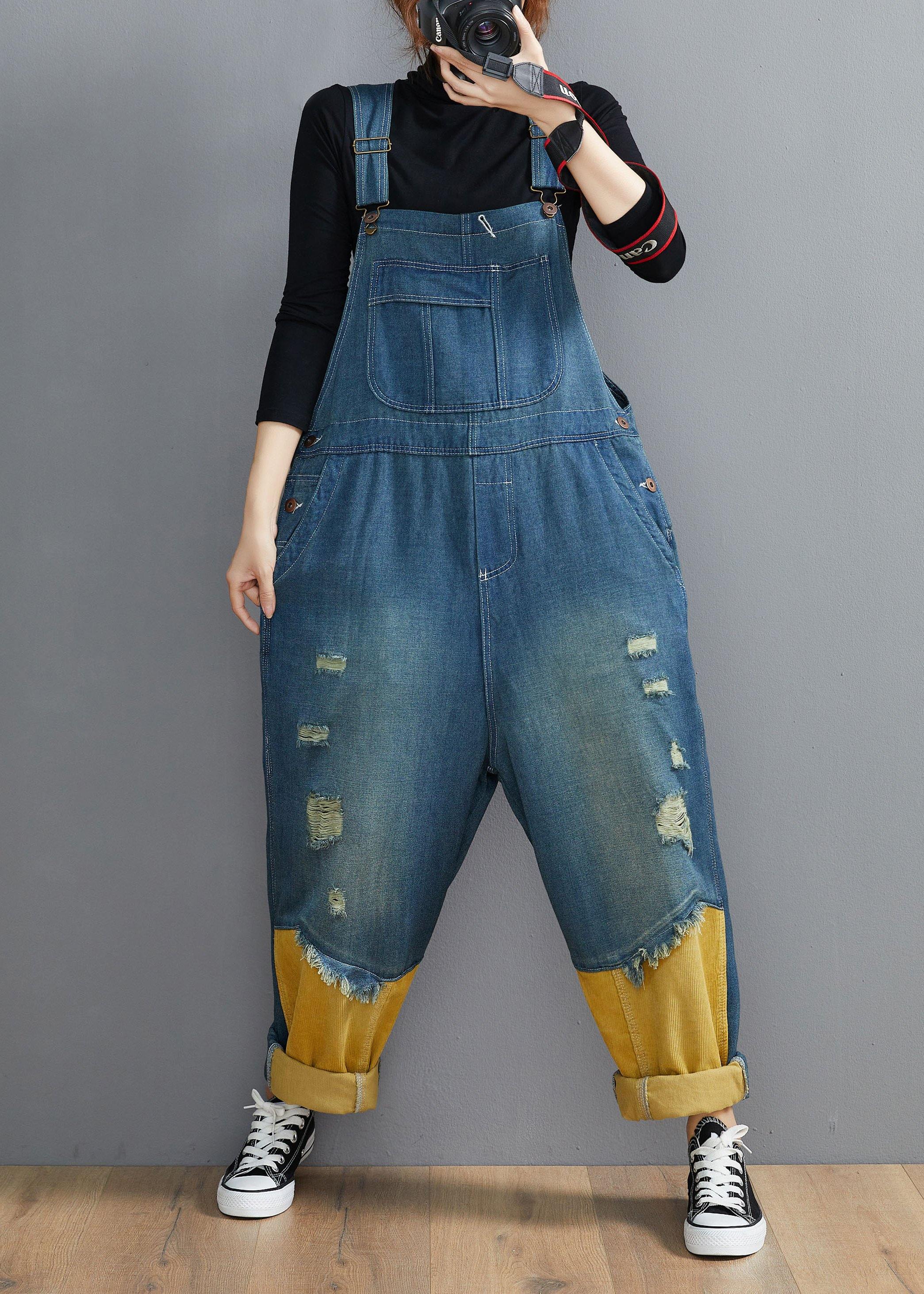 Style Denim Blue Pant Plus Size Spring Hole Jumpsuit Pants