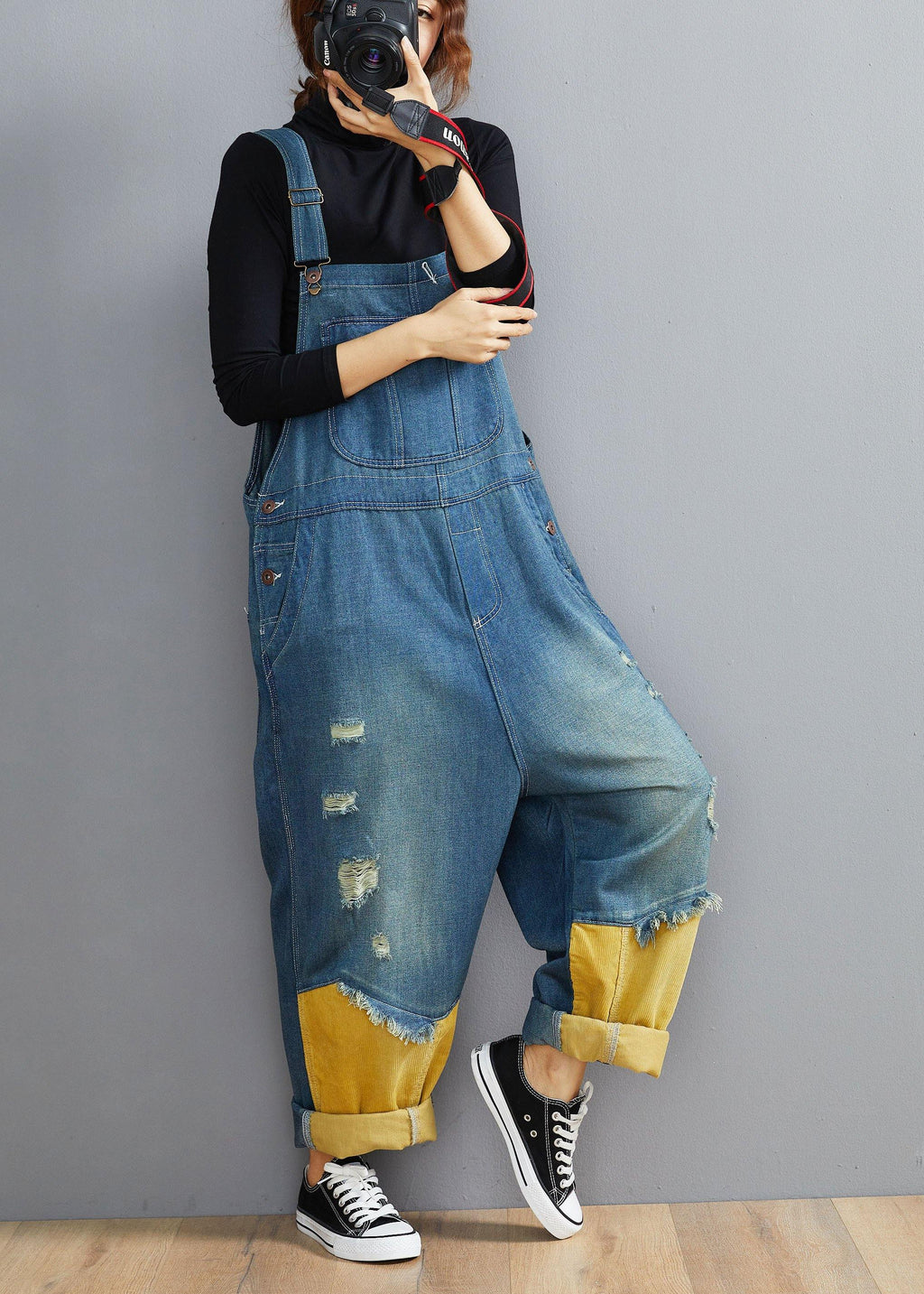 Style Denim Blue Pant Plus Size Spring Hole Jumpsuit Pants