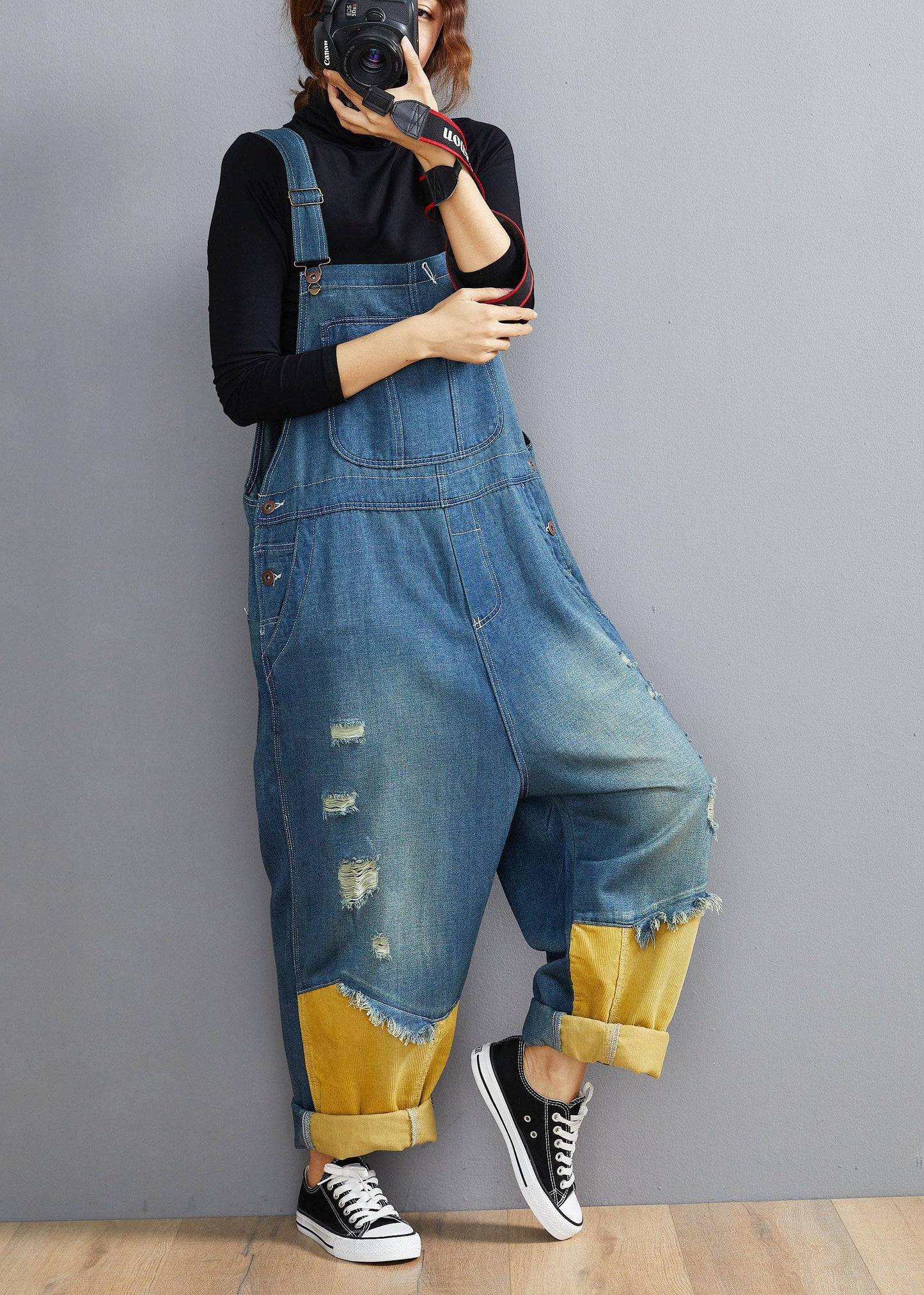 Style Denim Blue Pant Plus Size Spring Hole Jumpsuit Pants