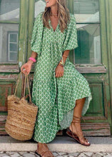 Load image into Gallery viewer, Style Green Print Patchwork Exra Large Hem Party Long Dress Half Sleeve