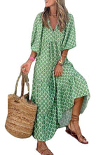 Load image into Gallery viewer, Style Green Print Patchwork Exra Large Hem Party Long Dress Half Sleeve