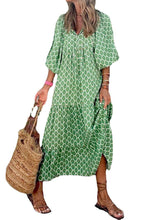 Load image into Gallery viewer, Style Green Print Patchwork Exra Large Hem Party Long Dress Half Sleeve